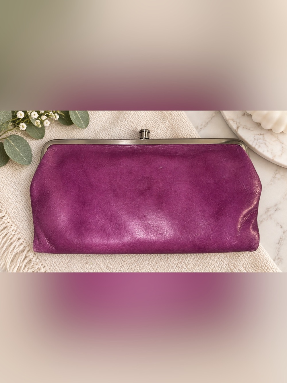 HOBO Lauren Raspberry Leather Double Frame Clutch Wallet